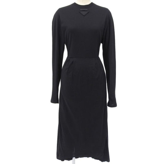 Prada Front Circle Logo Cotton Long Sleeve Flared Long Dress S Black Women's