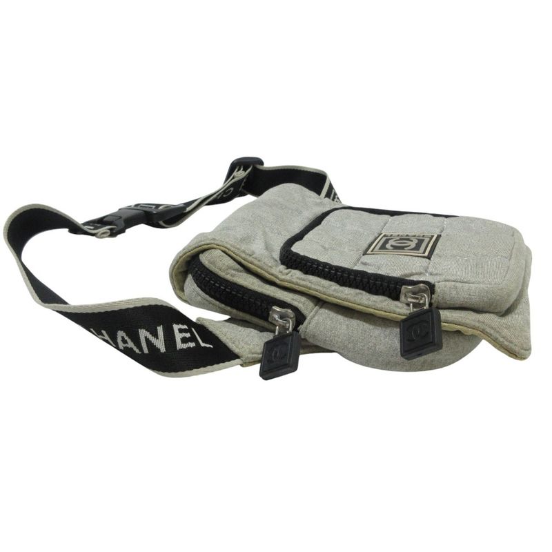 Chanel Sport Coco Mark Sweatshirt Fabric Waist Pouch Body Bag Gray Ladies