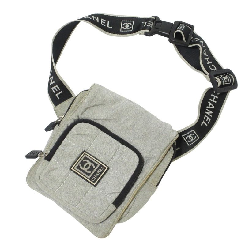 Chanel Sport Coco Mark Sweatshirt Fabric Waist Pouch Body Bag Gray Ladies