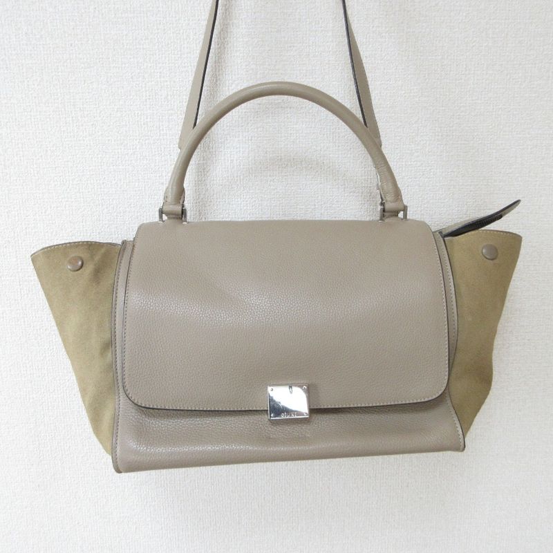 Good Celine Trapeze 2way Handbag Shoulder Bag Beige Ladies Used