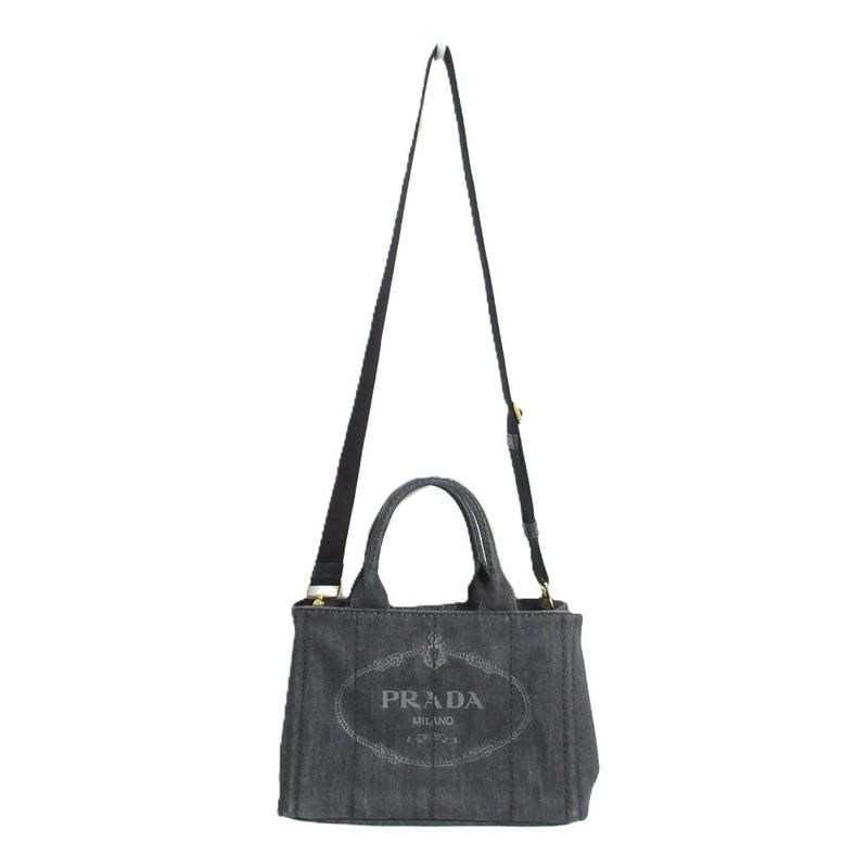 Good Prada Canapa Triangle Logo Plate 2way Tote Bag Shoulder Bag Black and Gold