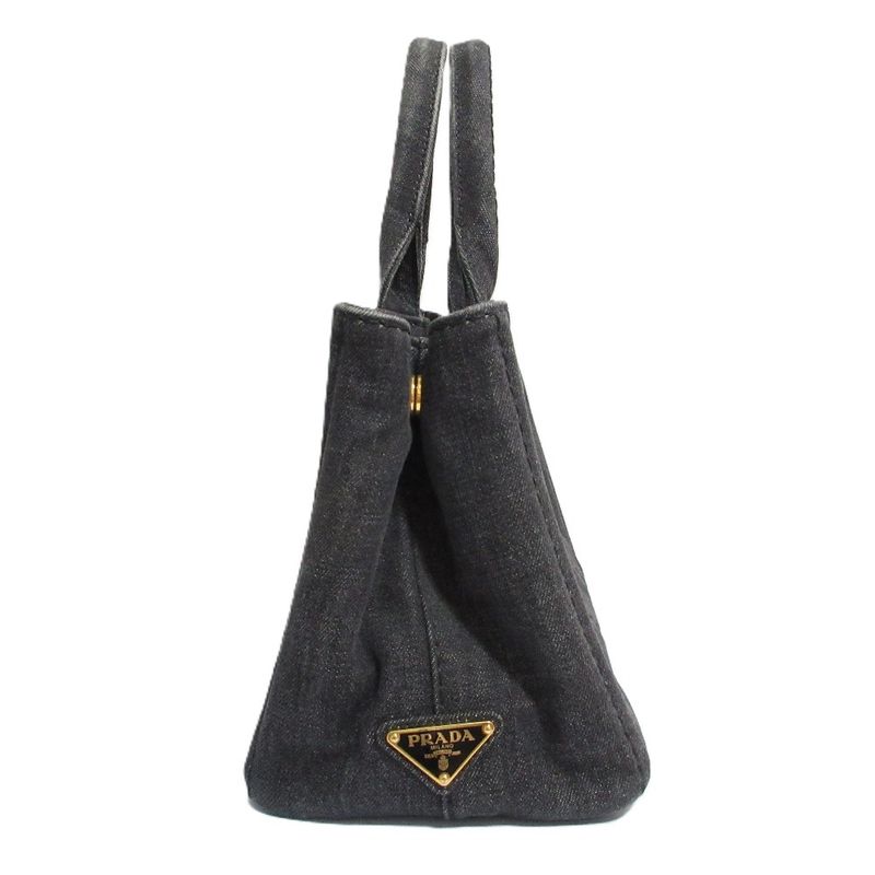Good Prada Canapa Triangle Logo Plate 2way Tote Bag Shoulder Bag Black and Gold