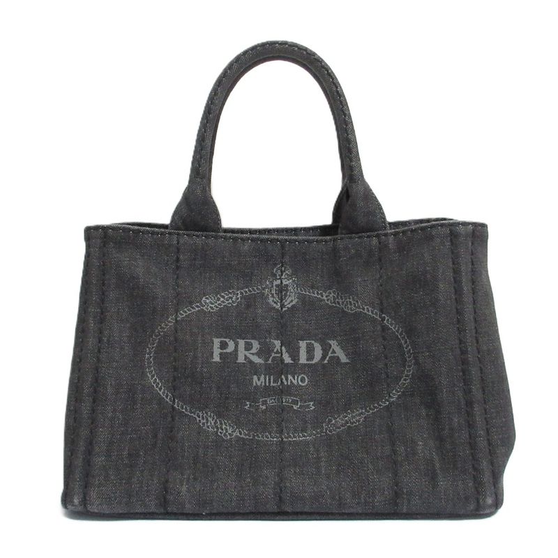 Good Prada Canapa Triangle Logo Plate 2way Tote Bag Shoulder Bag Black and Gold