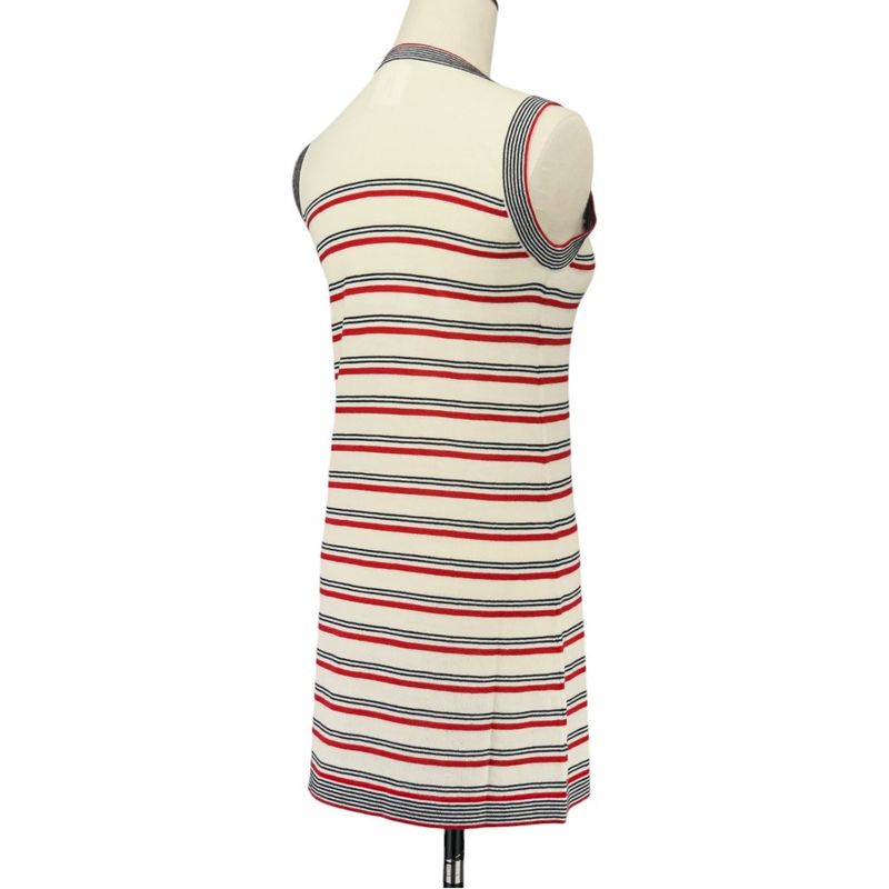 Chanel Striped Sleeveless Knit Dress P45704k05713 Size 34 Red Kinari Women's