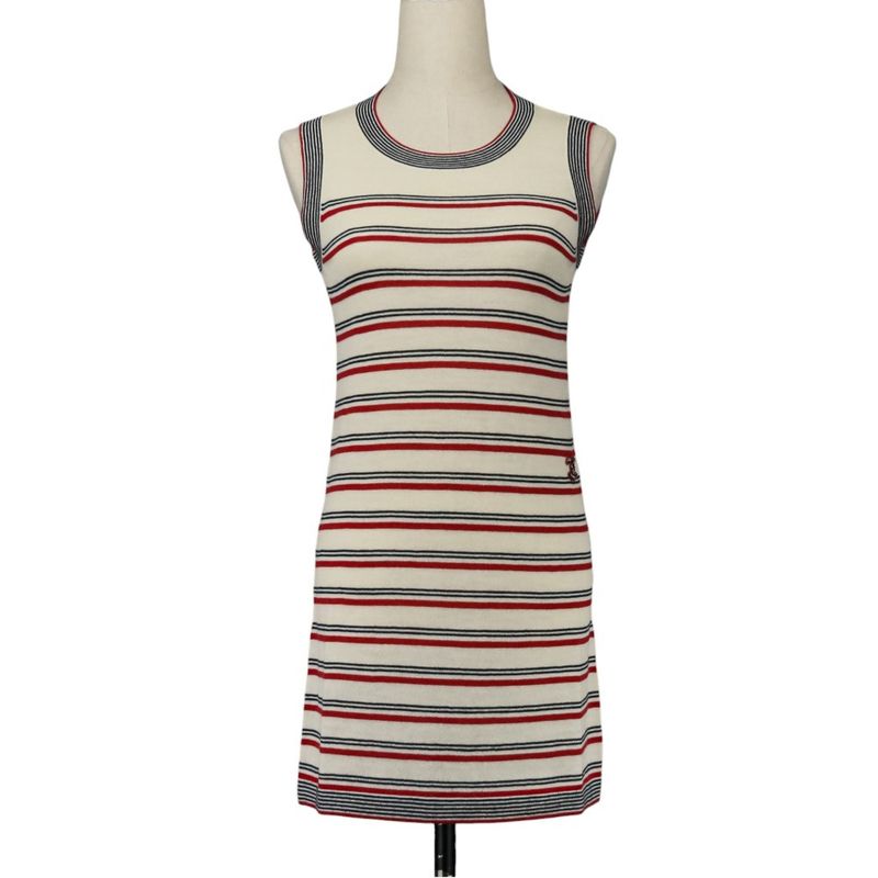 Chanel Striped Sleeveless Knit Dress P45704k05713 Size 34 Red Kinari Women's