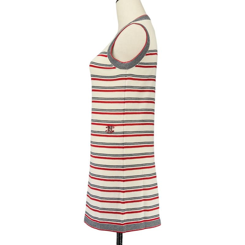 Chanel Striped Sleeveless Knit Dress P45704k05713 Size 34 Red Kinari Women's