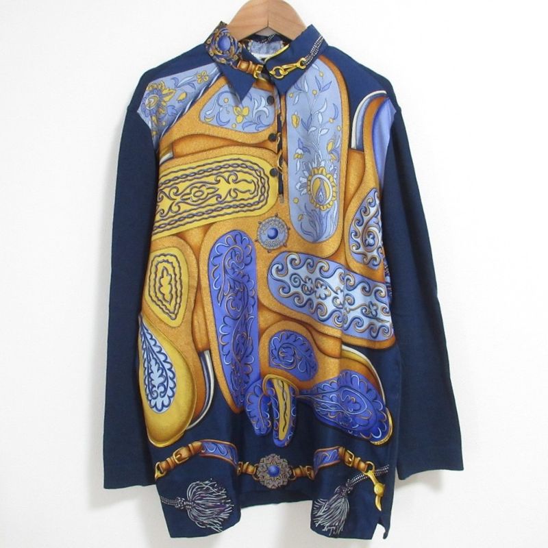 Good Hermes Festival Twill Raine Long Sleeve Knit Polo Shirt Size L Navy