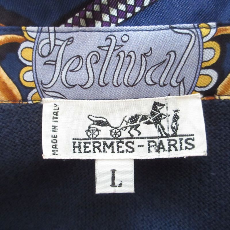 Good Hermes Festival Twill Raine Long Sleeve Knit Polo Shirt Size L Navy