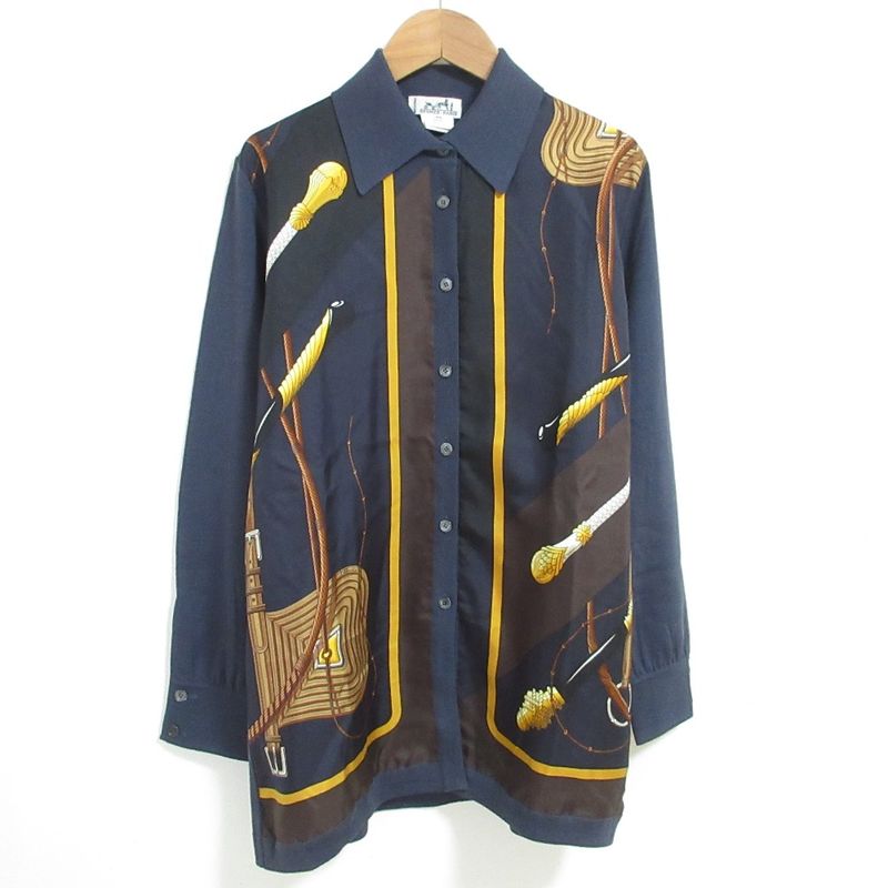 Hermes Click Clack Twill Raine Long Sleeve Knit Shirt Size 40 Navy Women's Used