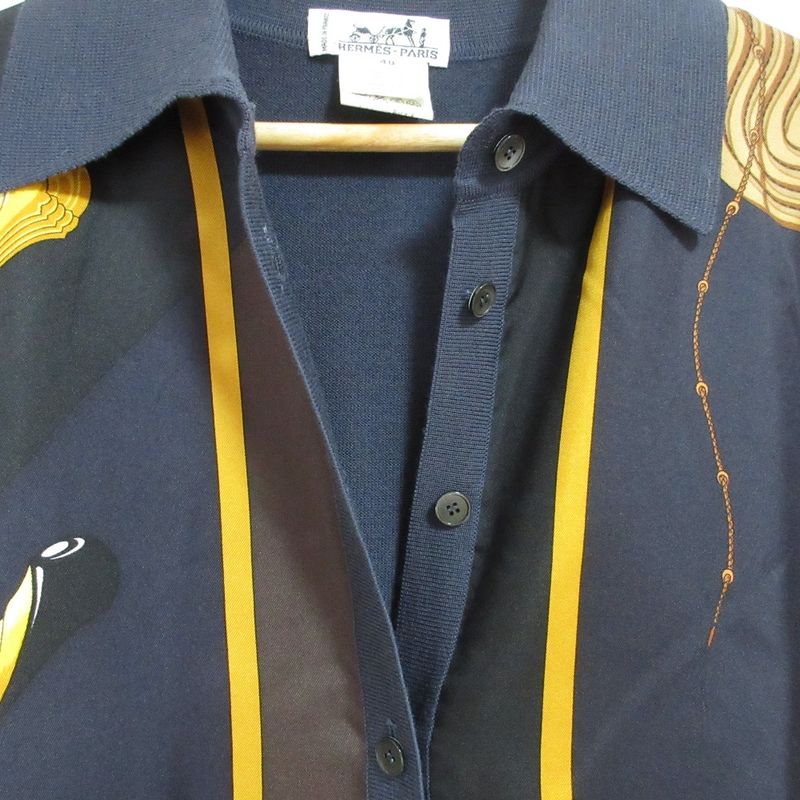 Hermes Click Clack Twill Raine Long Sleeve Knit Shirt Size 40 Navy Women's Used