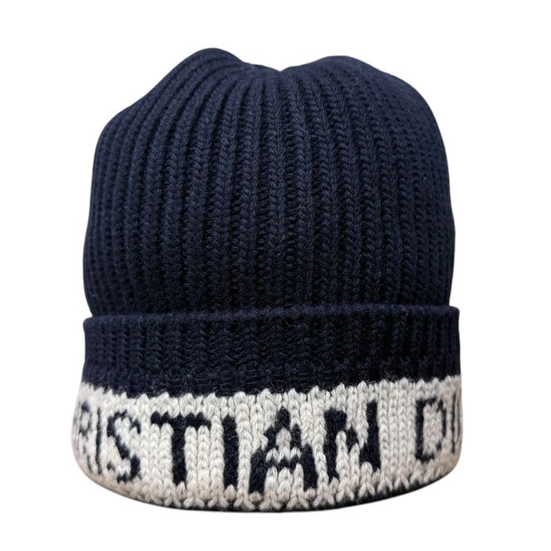 Christian DIOR Cashmere Blend Logo Knit Cap Beanie Hat Navy Women's Used
