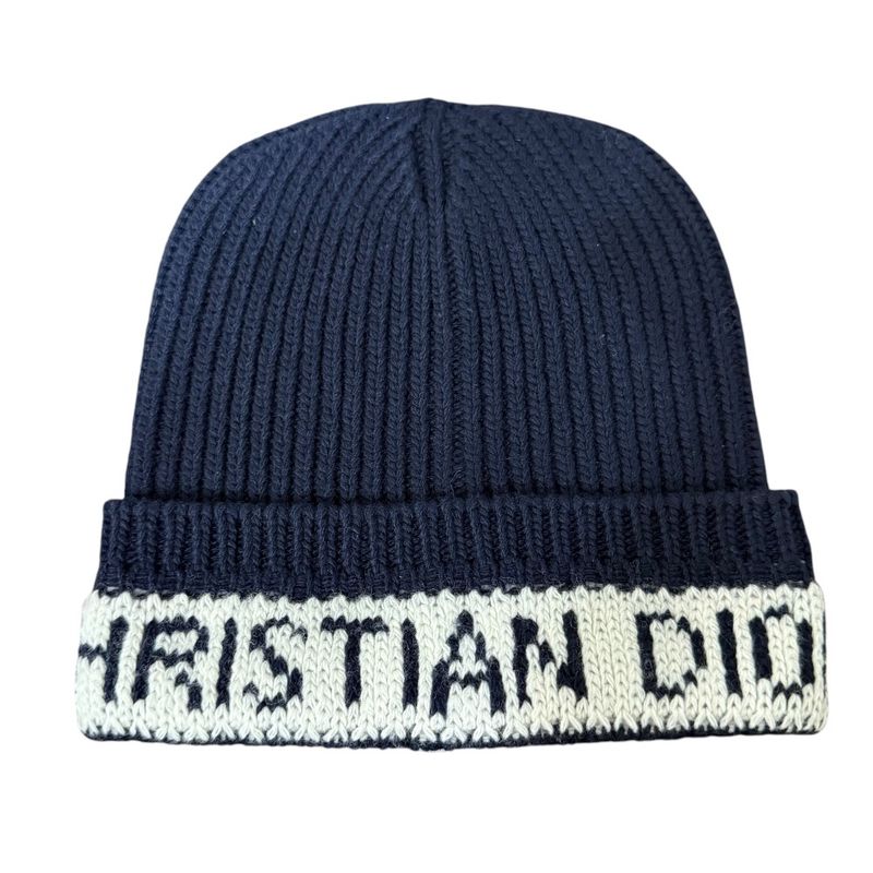 Christian DIOR Cashmere Blend Logo Knit Cap Beanie Hat Navy Women's Used