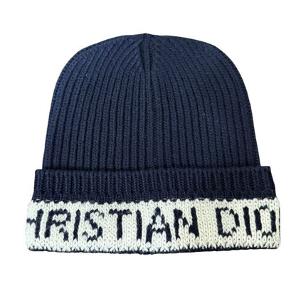Christian DIOR Cashmere Blend Logo Knit Cap Beanie Hat Navy Women's Used