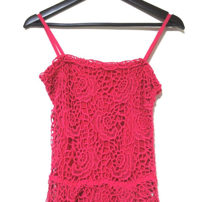 Christian DIOR Embroidery Flower Lace Knee Length Camisole Dress F36 Fuchsia