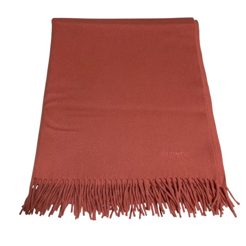 Good Hermes 100% Cashmere Logo Embroidery Large Scarf Pink-Orange Women's Used
