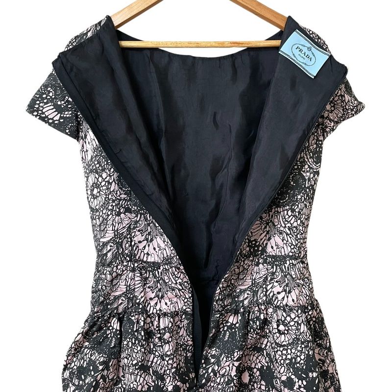 Good Prada Flower Lace Print Short Sleeve Dress Size 38 Pink Black Women's Used