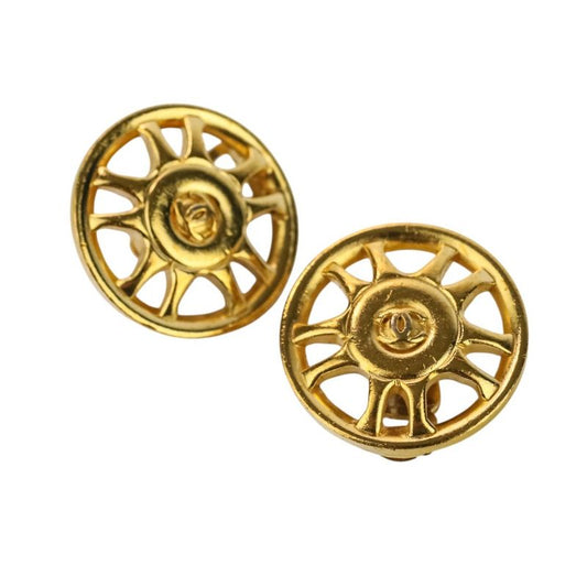 97a Chanel Vintage Coco Mark Round Earring Gold Color Ladies Used