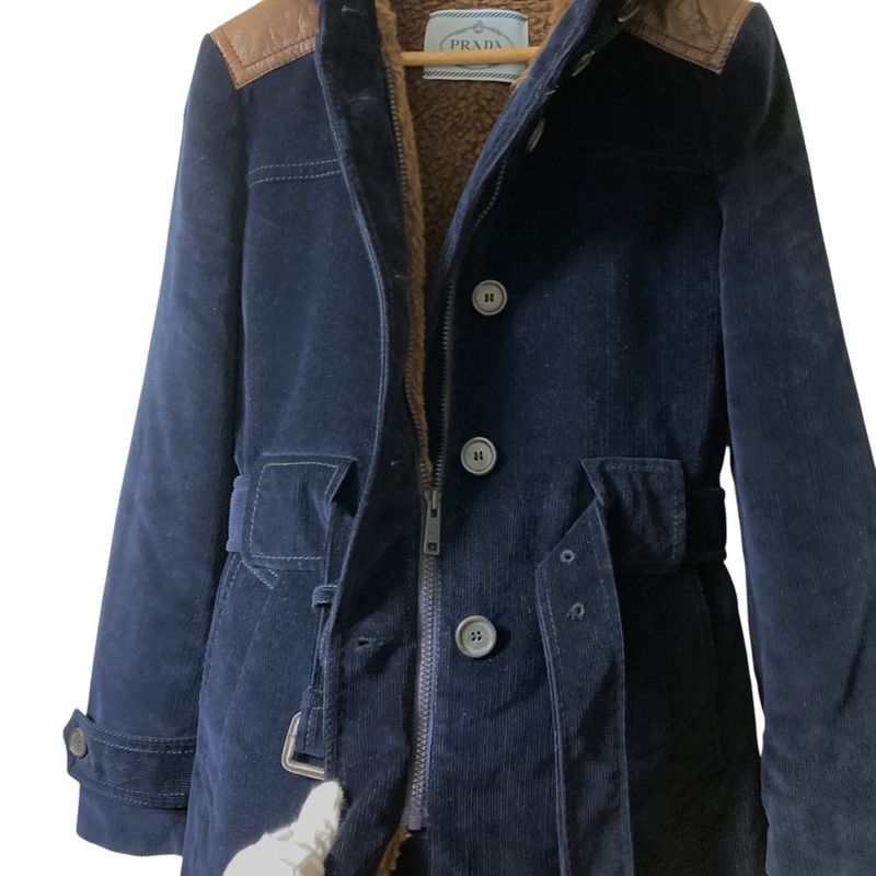 Good Prada Corduroy Shoulder Leather Patch Lined Boa Hoodie Coat Jacket 36s