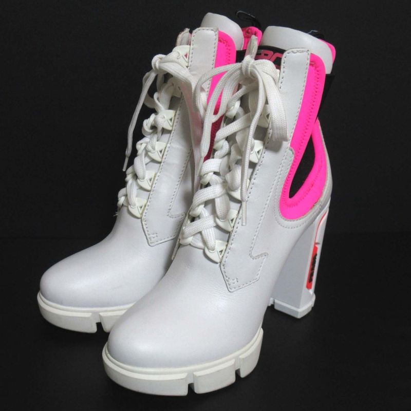 Prada Chunky Heel High Heel Lace Up Short Boots Size 37.5 Approx 24.5cm