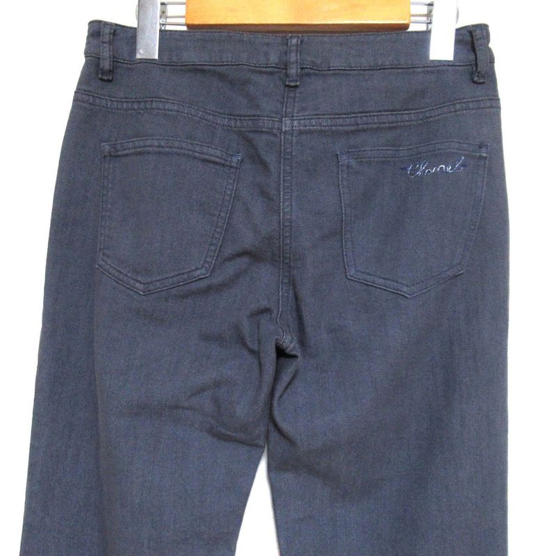 Chanel Back Pocket Logo Embroidery Stretch Straight Denim Pants Jeans Size 38