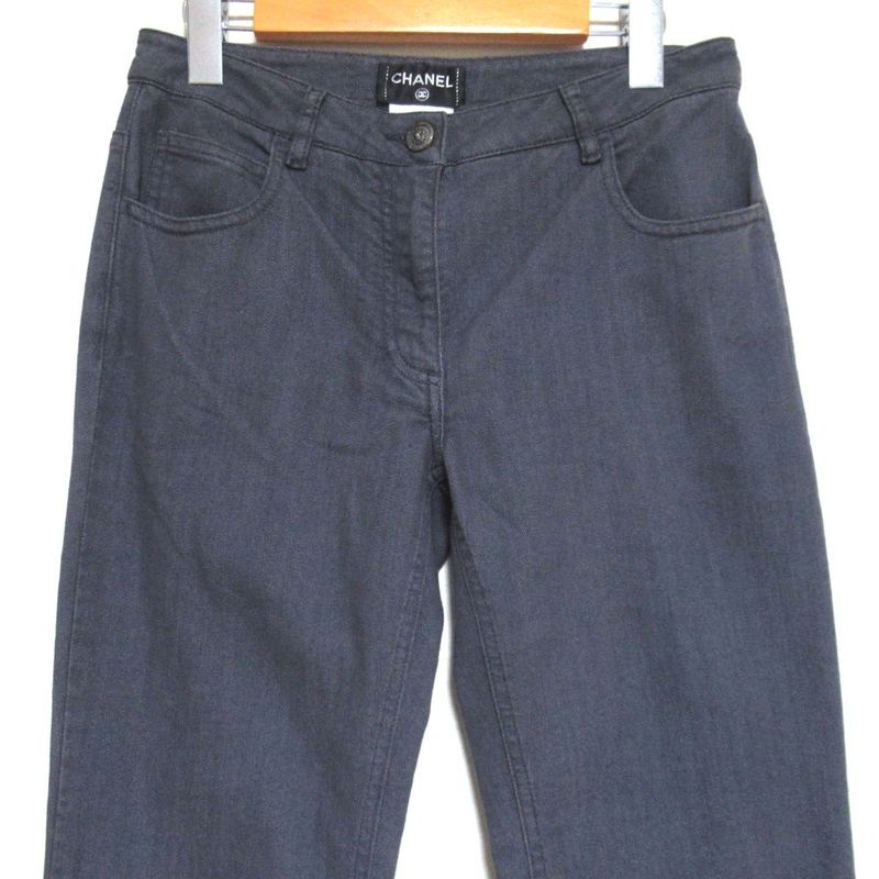 Chanel Back Pocket Logo Embroidery Stretch Straight Denim Pants Jeans Size 38