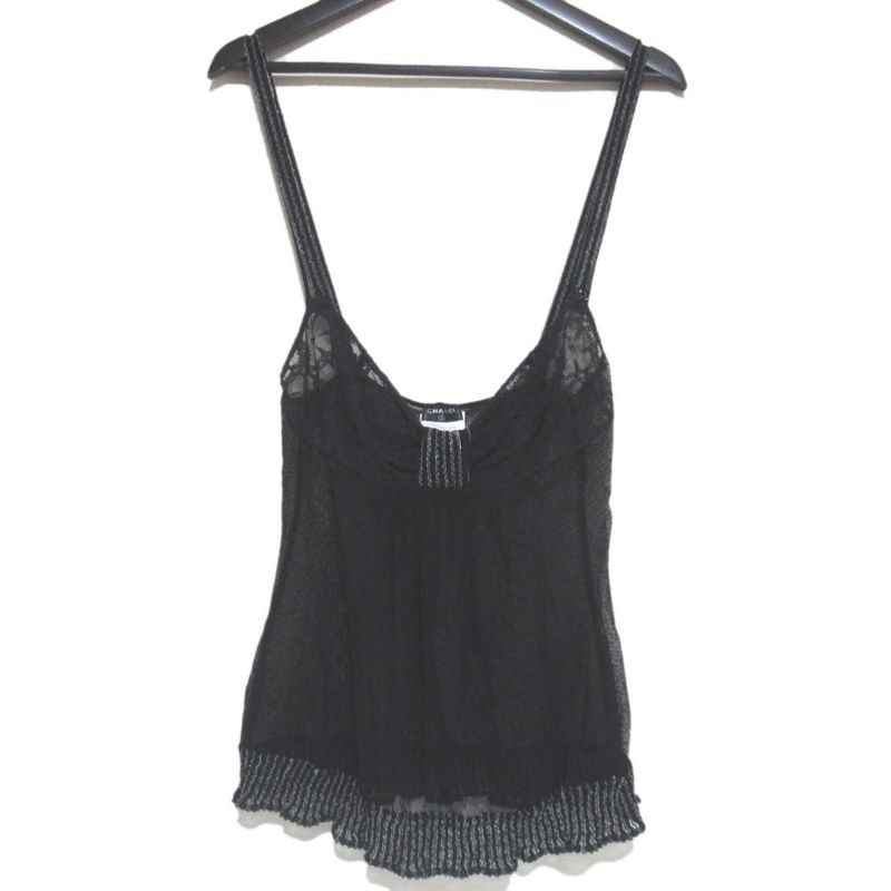 Good 05c Chanel Coco Mark Sheer Knit and Tulle Camisole Size 38 Black Ladies