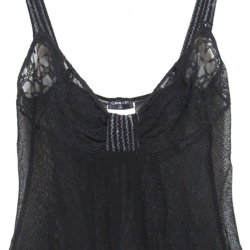 Good 05c Chanel Coco Mark Sheer Knit and Tulle Camisole Size 38 Black Ladies