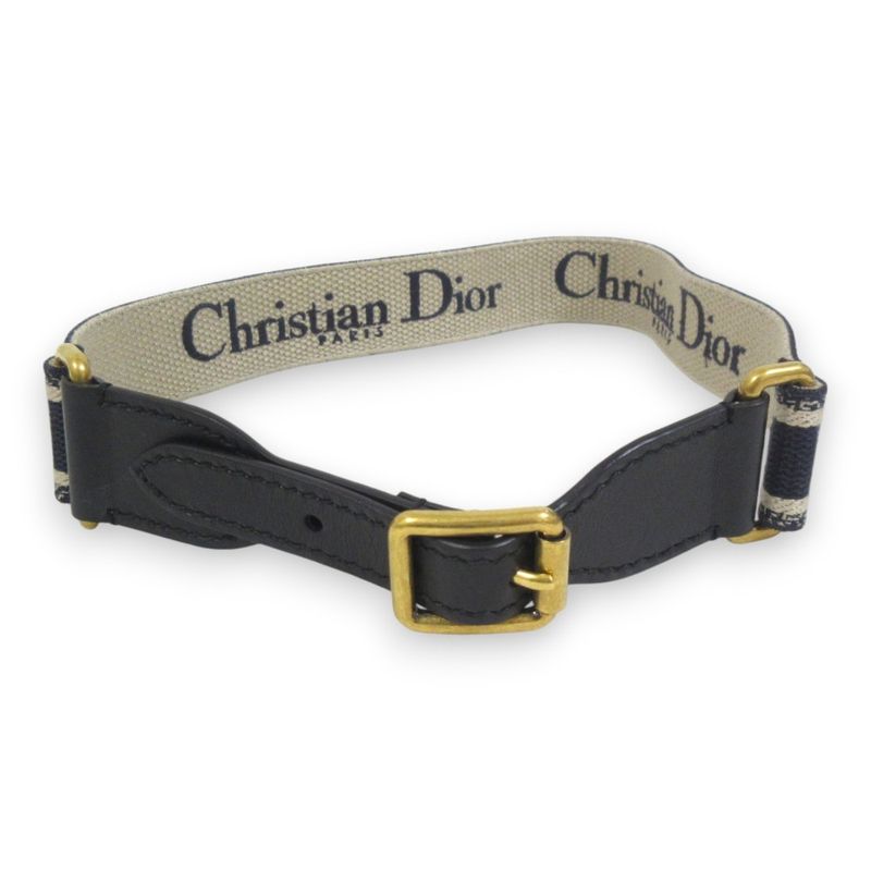 Christian DIOR CD Logo Embroidery Canvas Leather Belt 70 Navy And Beige Women's
