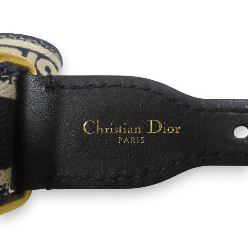 Christian DIOR CD Logo Embroidery Canvas Leather Belt 70 Navy And Beige Women's