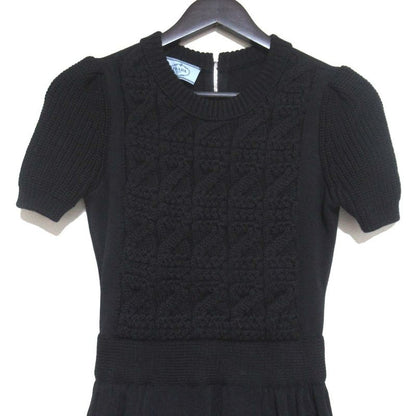 Good Prada Short Sleeve Back Zip Up Cable Knit Mini Dress 36 S Size Black Women