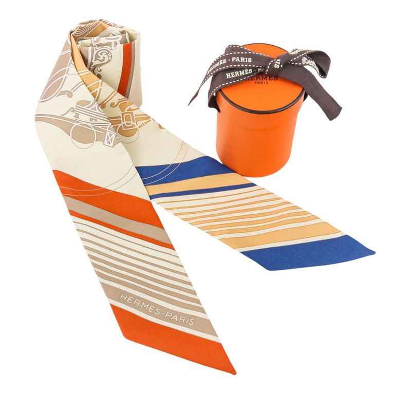 Unused Hermes Ex-Libris Silk Tulle Scarf Cream Orange Beige Ladies Used