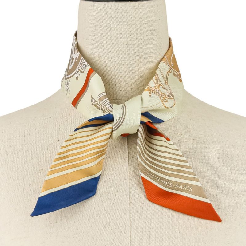 Unused Hermes Ex-Libris Silk Tulle Scarf Cream Orange Beige Ladies Used