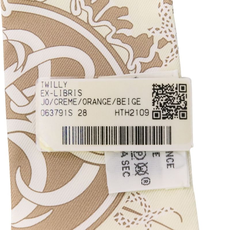 Unused Hermes Ex-Libris Silk Tulle Scarf Cream Orange Beige Ladies Used