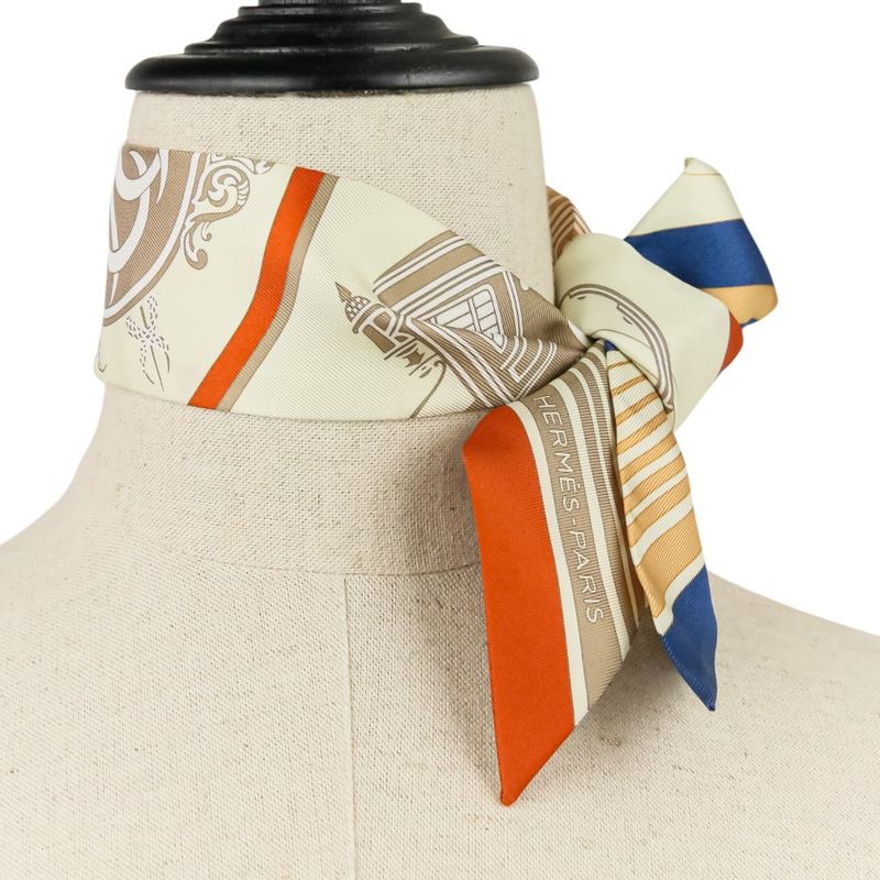 Unused Hermes Ex-Libris Silk Tulle Scarf Cream Orange Beige Ladies Used