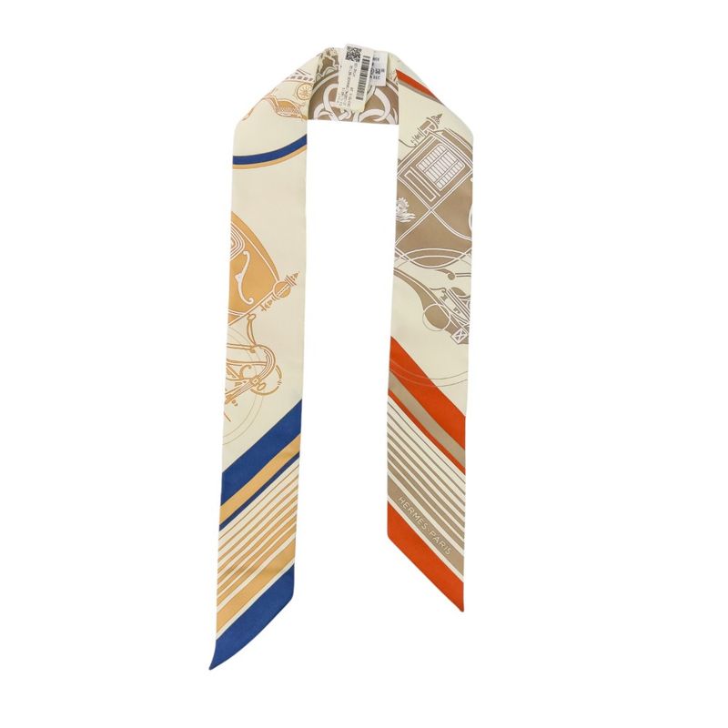 Unused Hermes Ex-Libris Silk Tulle Scarf Cream Orange Beige Ladies Used