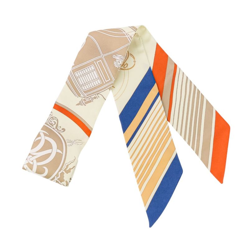 Unused Hermes Ex-Libris Silk Tulle Scarf Cream Orange Beige Ladies Used