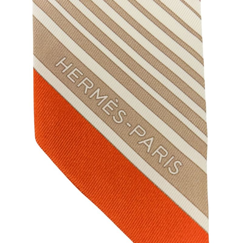Unused Hermes Lumes Twilly Ex-Libris Silk Scarf Cream Beige Orange Ladies Used