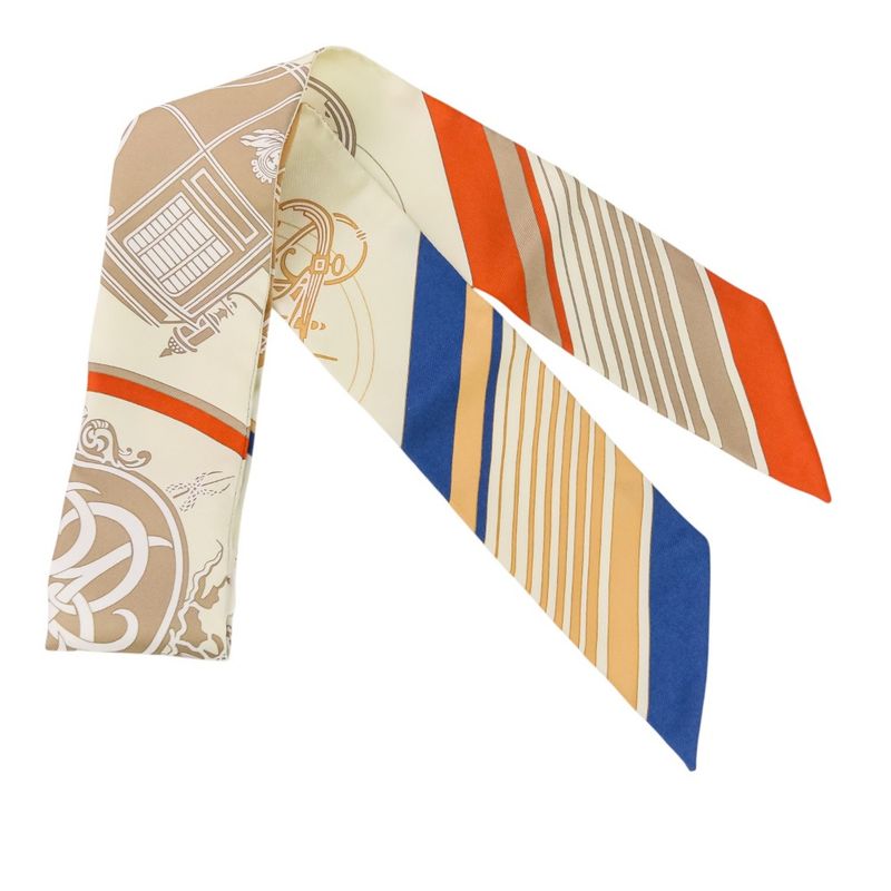 Unused Hermes Lumes Twilly Ex-Libris Silk Scarf Cream Beige Orange Ladies Used