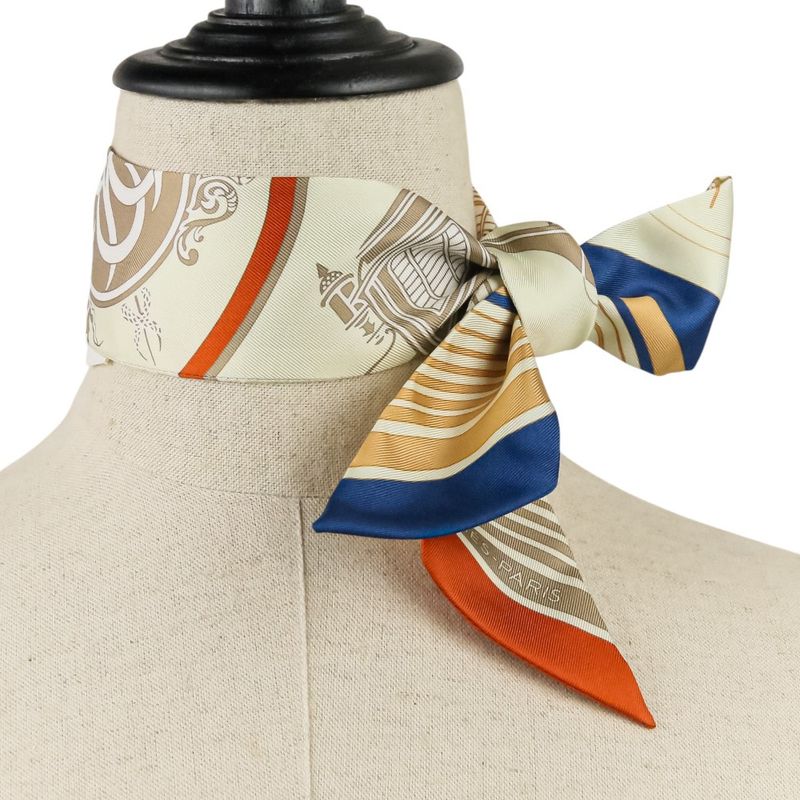 Unused Hermes Lumes Twilly Ex-Libris Silk Scarf Cream Beige Orange Ladies Used