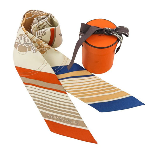 Unused Hermes Lumes Twilly Ex-Libris Silk Scarf Cream Beige Orange Ladies Used