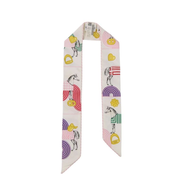 Hermes Twilly Garde Robe Pop Silk Scarf White Multicolor Women Used