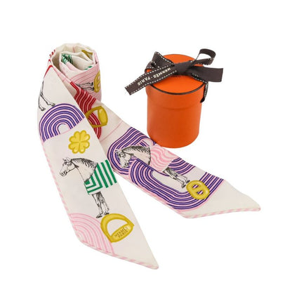 Hermes Twilly Garde Robe Pop Silk Scarf White Multicolor Women Used