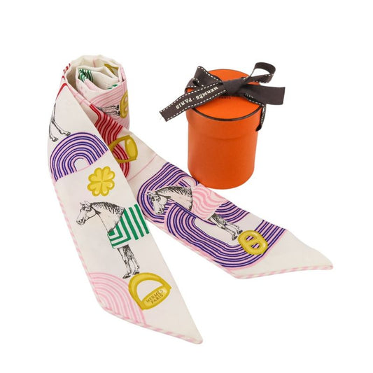Hermes Twilly Garde Robe Pop Silk Scarf White Multicolor Women Used
