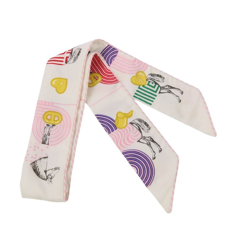 Hermes Twilly Garde Robe Pop Silk Scarf White Multicolor Women Used