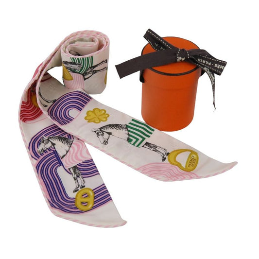 Unused Hermes Twilly Garde Robe Pop Garde Robe Pop Silk Scarf White Pink Ladies