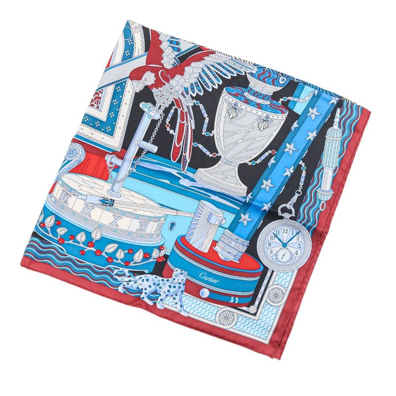 Unused Cartier Archive Motif Square 90 Silk Scarf Blue Red Ladies Old Used