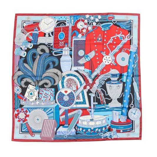 Unused Cartier Archive Motif Square 90 Silk Scarf Blue Red Ladies Old Used