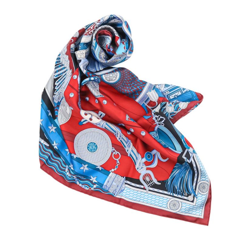 Unused Cartier Archive Motif Square 90 Silk Scarf Blue Red Ladies Old Used