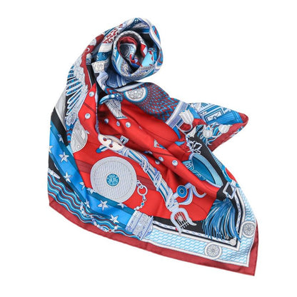 Unused Cartier Archive Motif Square 90 Silk Scarf Blue Red Ladies Old Used