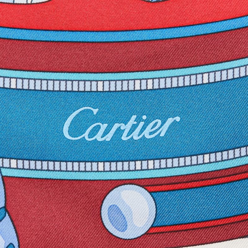 Unused Cartier Archive Motif Square 90 Silk Scarf Blue Red Ladies Old Used